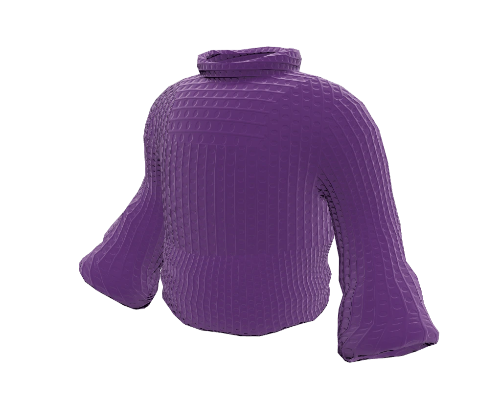 A crochet top in plum yarn, with a turtle neck, cropped body and bell sleeves.